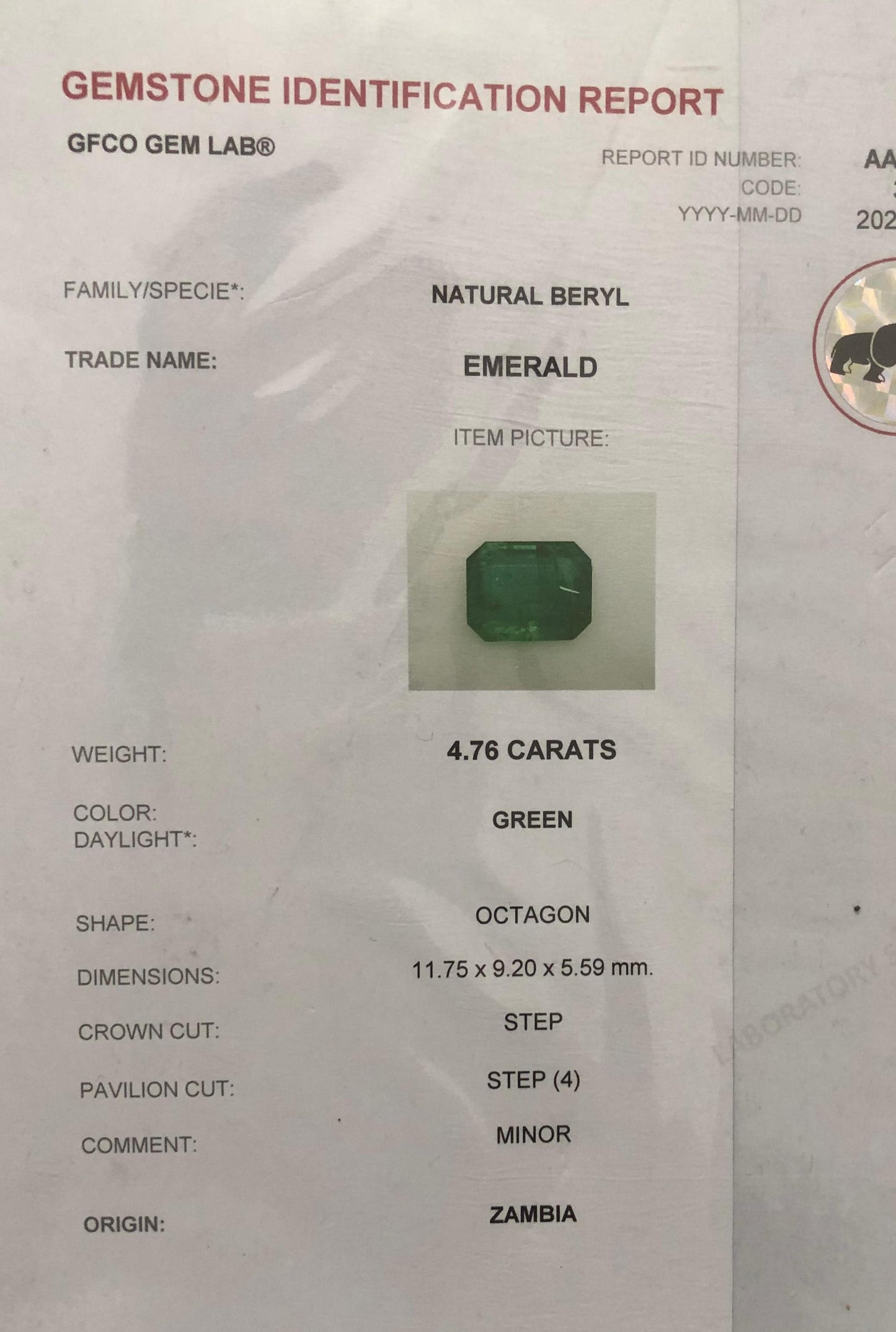 Natural Zambian Emerald 4.76ct Certified Green Octagon Gemstone Untreated Beryl for Custom Jewelry