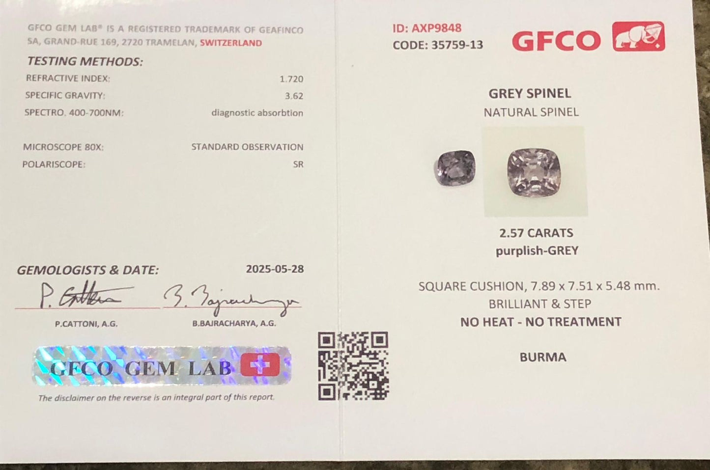 Natural Grey Spinel 2.57ct Square Cushion Cut Purplish Grey Untreated Burma Gemstone for Custom Jewelry