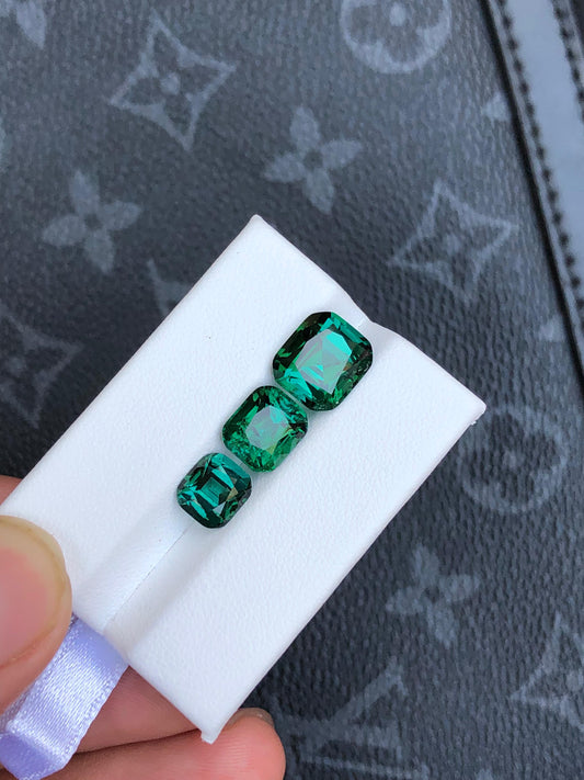 Natural Green 10 ct Tourmaline Cushion Cut Trio  Vivid Color Gemstones for Custom Jewelry  3 Loose