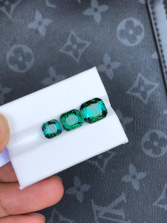 Natural Green 10 ct Tourmaline Cushion Cut Trio  Vivid Color Gemstones for Custom Jewelry  3 Loose